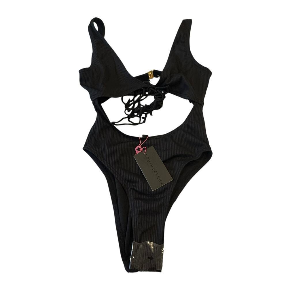 South Beach Cut Out Wrap Around Rib Swimsuit High Leg in Black Size 6 NWT